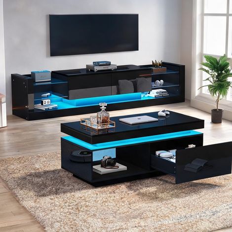 Meuble TV laqué brillant avec éclairage LED 181 cm coloris noir (1/5)