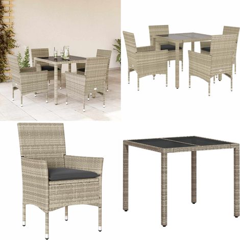 5-tlg. Garten-Essgruppe mit Kissen Hellgrau Poly Rattan Glas - Gartentisch - Gartenmöbel Set - Gartenset - Outdoor Möbel - Terrassenmöbel - Home & Living (1/5)