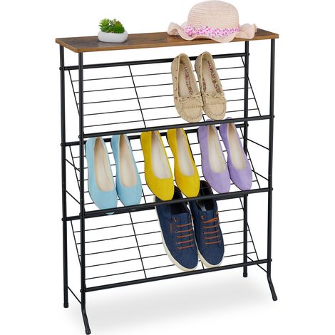 Relaxdays Schuhregal Industrial, 9 Paar Schuhe, HBT: 89,5x70x23,5 cm, Metall Schuhablage, schräge Böden, schwarz/braun