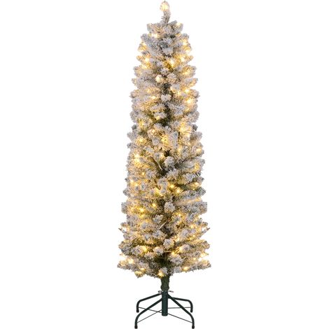 Künstlicher Weihnachtsbaum, 150 cm hoch, mit warmweißen LED-Lichtern, 263 schneebedeckten Zweigen, Metallfuß, realistisch und fein (1/5)