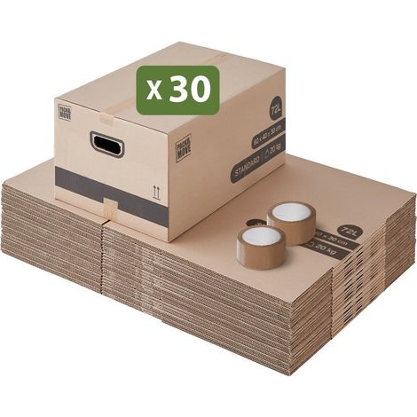 Pack and Move - Lot 30 Cartons Déménagement Stockage M - 60 x 40 x 30 cm - Poignées renforcées - 2 adhésifs offerts