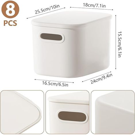 bacs de rangement en plastique, boîtes blanches avec couvercles et poignées, paniers organisateurs empilables pour garde-manger, cuisine, bureau, étagères (26 x 18,5 x 16,5 cm) (1/4)