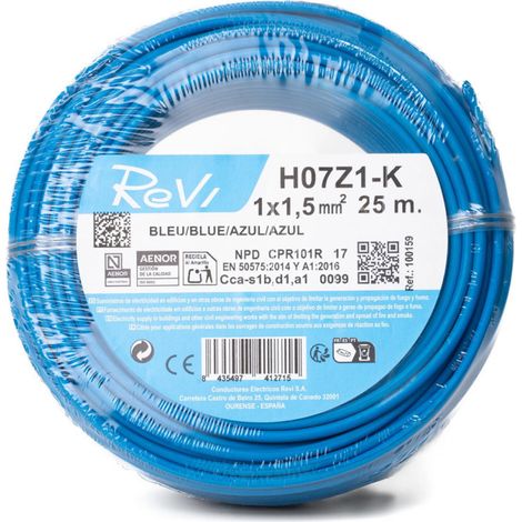 Cable Electrico Libre Halogenos 1,5 mm2 Azul 25 m  Hilo PVC H07Z1-K  Cable para Electricidad (1/5)