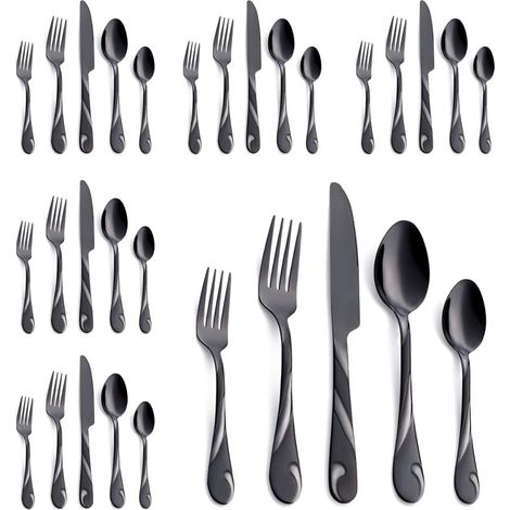 Set d'argenterie noir pour 6 personnes, set de couverts en acier inoxydable 30 pièces, comprenant un set de fourchettes, de couteaux et de cuillères (1/5)