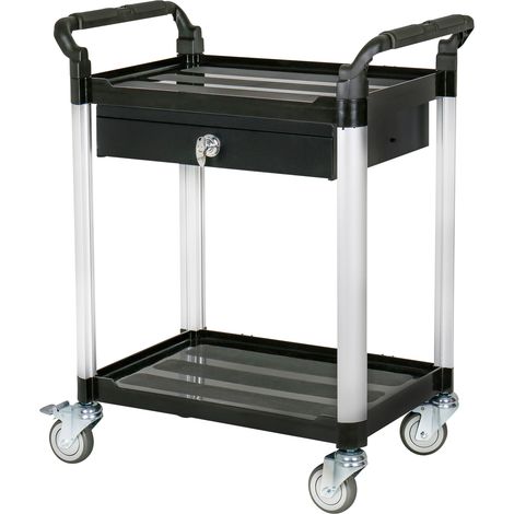 STIER Servierwagen, mit 2 Etagen und Schublade, LxBxH 750x460x980 mm, Tragfähigkeit 150 kg, 4 Lenkrollen, 2 davon feststellbar, Etagenwagen, Schiebewagen, schwarz