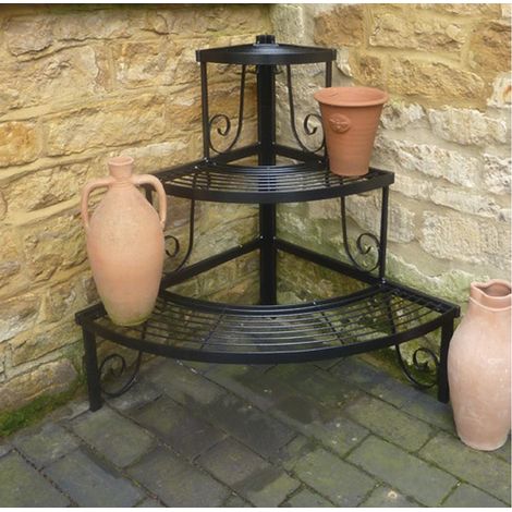 3 Tier Corner Stand - Decorative Garden Shelf - Solid Steel - L63.5 x W82.5 x H76.2 cm - Black