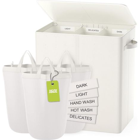 Wäschekorb mit Deckel, 160L, 3 Fächer, Beige (1/5)