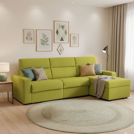 Sofá Cama con Chaise Longue Pusiano, Desenfundable, Almacenamiento, Hecho en Italia, Hidrófugo, Multiposición, 280x160 cm Verde (1/5)