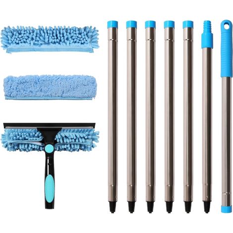 280cm Raclette vitre Telescopique, 2 en 1 Raclette vitre, Lave vitre Telescopique, Comprend Trois Chiffons de Nettoyage (Bleu) (1/5)