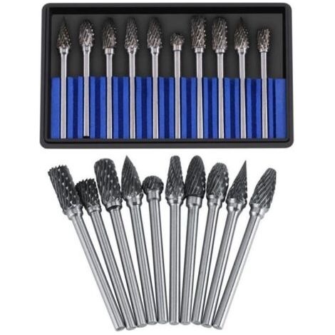 10-piece rotary file set made of tungsten carbide steel, 3 mm shank, 6 mm cutting diameter, double CET