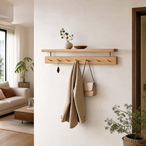 Porte Manteau Mural en Hêtre Massif, 8 Crohets en Laiton, Porte Clé Mural avec Étagère, Patère Mural pour Vêtements, Chapeaux, Serviettes, Hêtre Naturel (1/5)