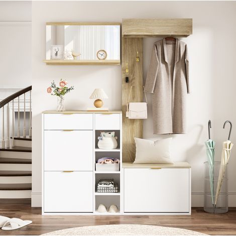 Ensemble de meuble à chaussures 4 pièces avec banc, miroir et penderie, blanc et naturel HAVRYA (1/5)