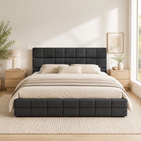Lit double adulte 180x200 cm en bois et velours noir, facile à monter pour chambre, FloraGrace (1/5)