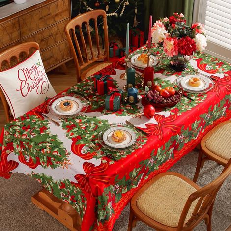 Nappe de Noël Anti Tâches Rouge - Taille : Rectangulaire 180x150cm - Père Noël / Sapin de Noël / Fleur de Noël - Nappe de Noel pour Intérieur ou Extérieur - Table à Manger, Cuisine ou Jardin (1/5)