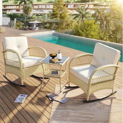 fauteuil salon bascule 3 pièces rotin métal beige HAVRYA (1/5)