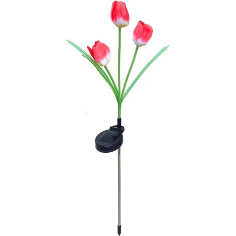 Tulip Solar Garden Light, 3 Branches, Waterproof, Outdoor, Flower, LED Stake, for Patio, Backyard, Lawn Decoration, Red (1/5)