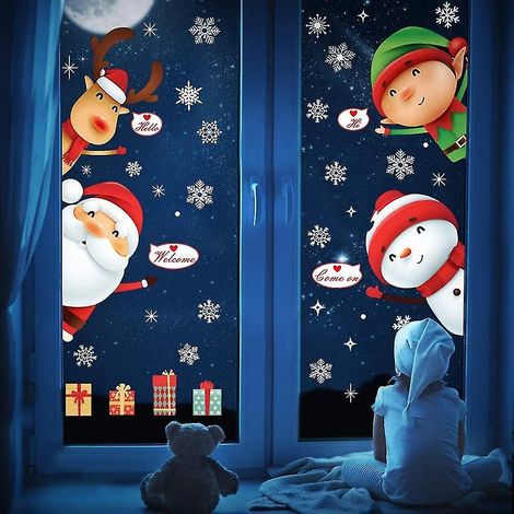 Feuille d'autocollants de Noël pour vitres, autocollants flocons de neige, Père Noël et Noël (1/5)