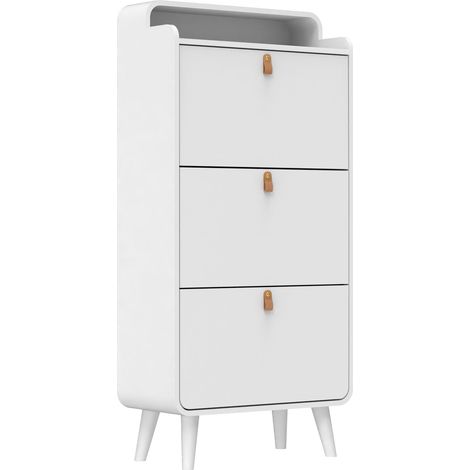 Armoire de rangement à chaussures blanche avec 3 tiroirs pliants autoportants. Organisateur étroit avec compartiment supérieur pour l’entrée. (1/5)