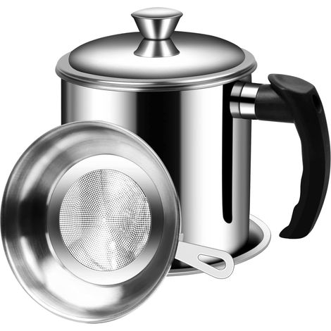1,3 L Passoire à Huile de Friture, Pot de Graisse en Acier Inoxydable avec Crépine à Mailles Fines et Couvercle Anti-Poussière pour Stocker l'huile de Friture (1/5)