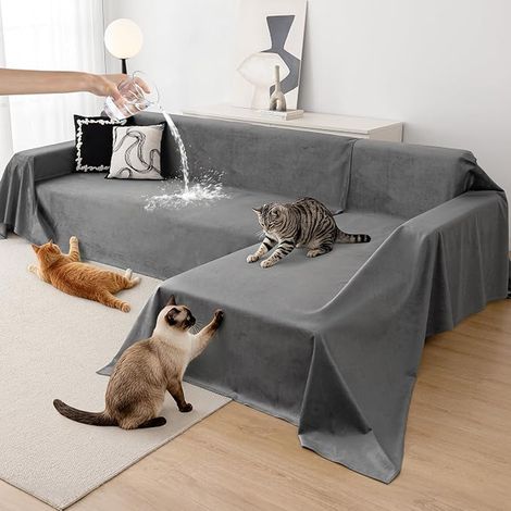Housse Canapé d'angle, Protège Canapé d'angle Chat, Gris foncé (1/2)