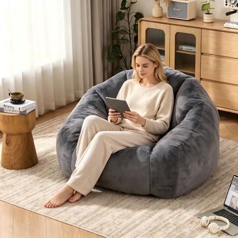 Canapé-Pouf en fausse fourrure douce – Sans montage – Adapté coin lecture salon chambre – Grand modèle pour adultes – Design classique – 123×111×75 cm – Gris (1/5)