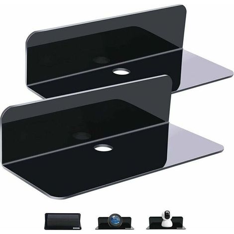 Lot de 2 étagères murales noires extensibles sans dommage - dimensions de 22,9 cm - en acrylique pour haut-parleur intelligent, figurines d'action, caméra, avec 4 clips câble. (1/5)