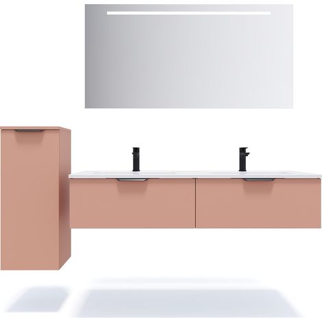 Meuble de salle de bain suspendu double vasque intégrée 140cm 2 tiroirs Abricot + miroir + colonne ouverture gauche - Soho (1/5)