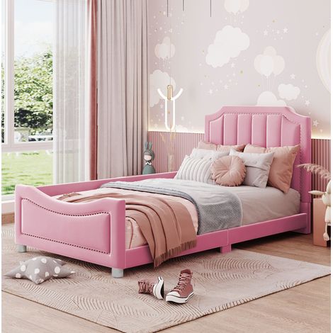 Lit enfant rembourré arc 90x200 cm, bois/MDF et flanelle rose, avec tête de lit, pied de lit et sommier à lattes (1/5)