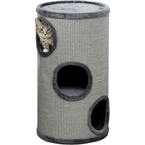 Pour chats et chatons tonneau pour chat niche d'intérieur 3 niveaux avec griffoir sisal et peluche Ø38x70cm gris (1/5)