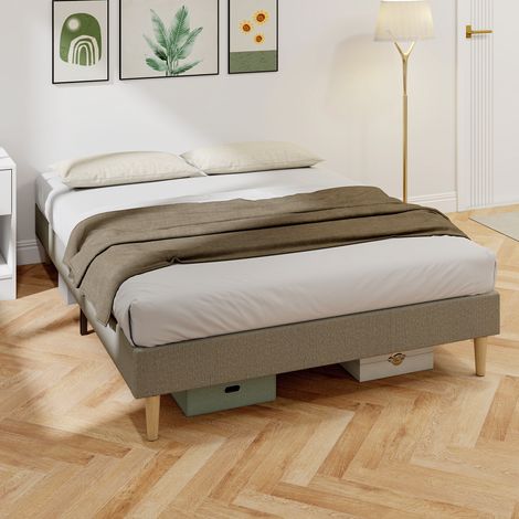 Cadre de lit double 140x190 cm, sommier à lattes bois inclus, tête de lit rembourrée velours côtelé gris, structure en bois robuste, literie complète pour chambre moderne (1/5)