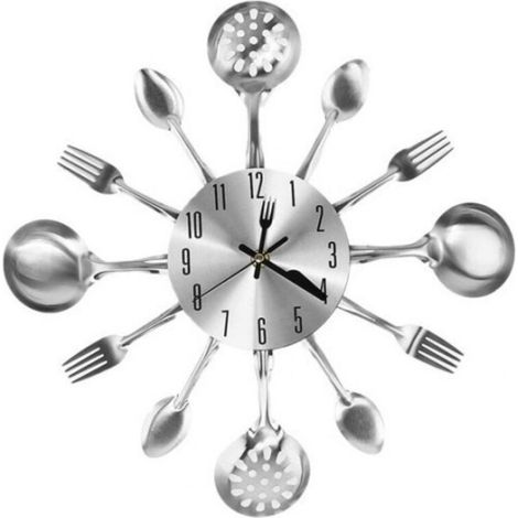 Bardusch - Horloge murale couverts, montre de à cuillères, louche & fourchettes, Ø 40 cm, métal, à pile, bruit, argenté (1/3)