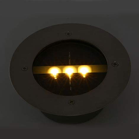 Solarbetriebene LED-Gartenleuchte für den Bodeneinbau, Bodenstrahler mit 3 kaltweißen LEDs, Schutzart IP65, Aluminium + Edelstahl, 12 cm Durchmesser