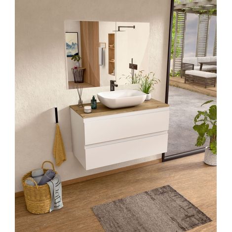 BELLOBATH - Meuble de Salle de Bain avec Plan Vasque en Céramique et Miroir, Meuble Monté et 2 Tiroirs, 80 x 55 x 46 cm, Meuble Blanc et Plan Chêne (1/5)