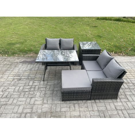 Fimous 5 Pièces Ensemble de canapé en rotin extérieur avec Table d'appoint Grand tabouret Gris foncé mixte (1/5)
