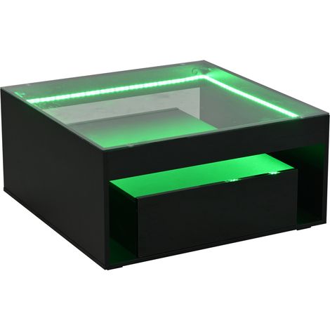 Table basse carrée 70x70x35 cm en MDF noir avec plateau en verre trempé et LED, 2 tiroirs à finition brillante (1/5)