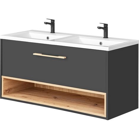 Waschtisch mit Doppelwaschbecken BOLOGNA-56 in anthrazit mit Artisan Eiche Nb., B/H/T: ca. 121/61/46 cm (1/5)