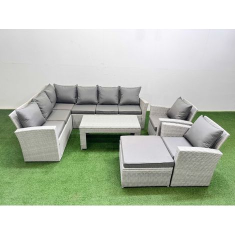 Fimous Rattan Garden Furniture Set Outdoor 9 Seater Corner Sofa Sets with Oblong Coffee Table Chair Big Footstool Light Grey Mixed (1/5)