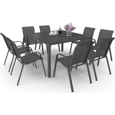 Gartenmöbel MADRID quadratischer Tisch 130 CM und 8 stapelbare Stühle anthrazitgrau