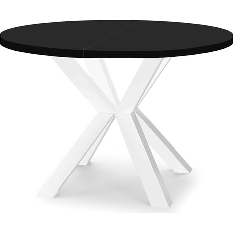 Table de salle à manger ronde extensible RAL avec pieds en bois, style loft, industriel, diamètre : 110 / 160 cm, couleur : noir / blanc (1/4)