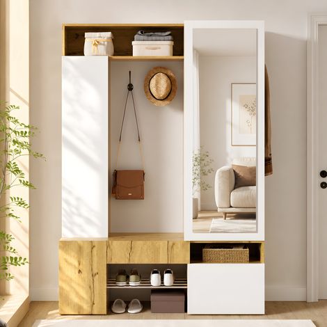 Armario de entrada con espejo zapatero recibidor - 127x35x180.5 cm - mueble de pasillo moderno de mdf con perchero de barra y ganchos - blanco y natural (1/5)