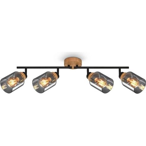 Barra de luces moderna 4xe27 en madera negra y vidrio ahumado 68x11x24