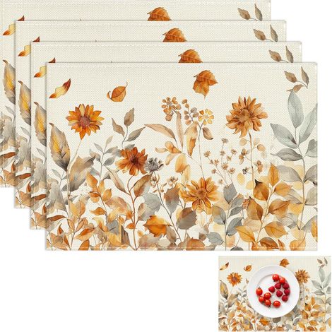 Lot de 4 sets de table d'automne - 30 x 45 cm - Lavables - Décoration d'automne - Tournesol - Pour cuisine, salle à manger, décoration de table, Thanksgiving, Halloween (1/5)