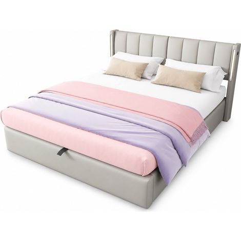 Lit rembourré LED avec coffre, USB Type-C, tête de lit réglable 0-30°, sommier à lattes inclus, 140 x 190 cm, cuir régénéré gris moderne - CHICFURN (1/5)