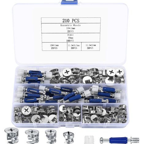 210 Pièces Connecteurs Excentriques Meuble Inox 304, Kit 3-en-1 Came Minifix + Goujons + Écrous d’Expansion + Tourillons 8 mm, Quincaillerie Assemblage Armoire Placard Cuisine Commode (1/4)