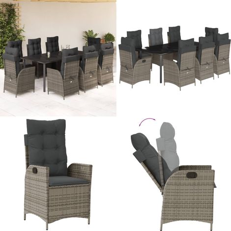 Set da Pranzo da Giardino 9 pz con Cuscini in Polyrattan Grigio - Sedie da giardino reclinabili - Tavolo da giardino
