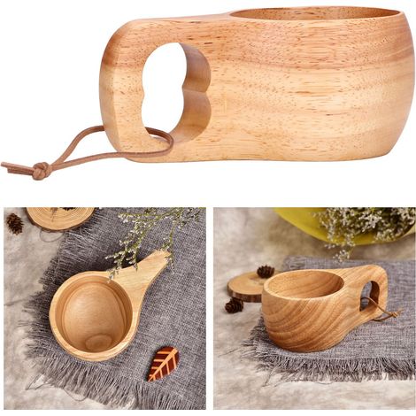 Mug finlandais en bois d'hévéa massif, style nordique créatif, avec anse et boucle de suspension, mug portable pour le lait et le café. (1/5)