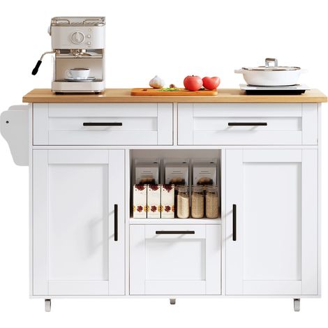 Chariot de cuisine style nordique moderne avec roulettes universelles à 360°, étagère de rangement avec tiroirs et barre porte-serviettes, plateau rabattable et fermeture à ressort silencieuse, design
