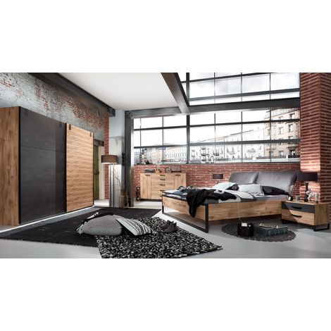 Ensemble chambre adulte Imitation chêne poutre rechampis raw steel - 180 x 200 cm -PEGANE-