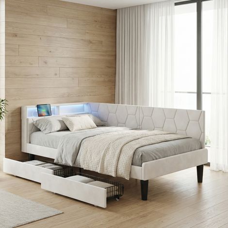 Letto singolo 90x200, 2 cassetti, letto per bambini con illuminazione LED RGB e porte USB/Type-C, testiera con contenitore, velluto morbido, stile moderno, Beige (1/5)