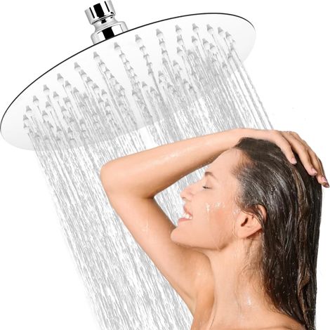 24,5cm Tete de Douche Pluie Rond Tête de Douche Pommeau de Douche en Acier Inoxydable Rotatif 360° Economie d'Eau Pomme de Douche Anti Calcaire, Filetage G1/2'', Argent (1/5)